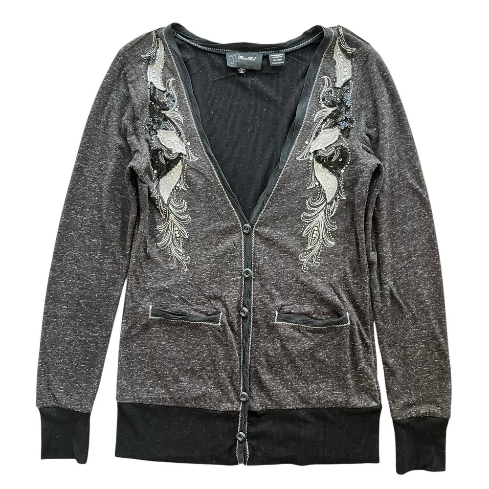 Miss Me Women's L Charcoal Heathered Embellished Sequin Cardigan JMT466 Glam Y2K